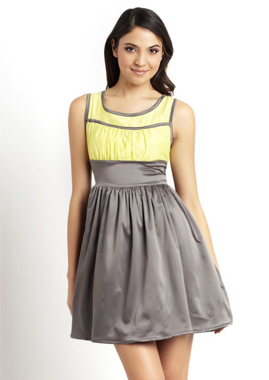 Ryu Dress Fit and Flare Silk Contrast Boho Quirky Folksy Yellow Gray Size L
